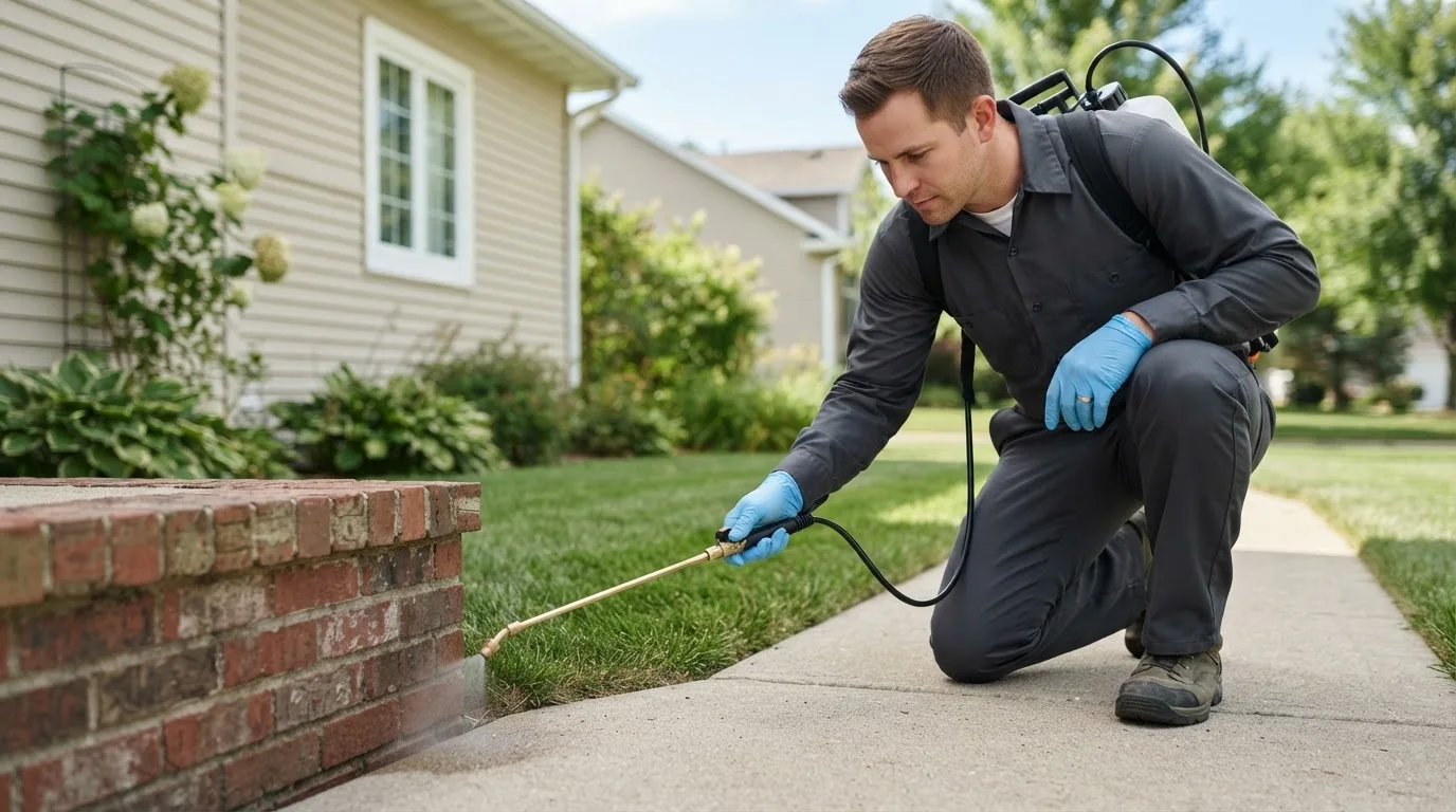 Pest control technician treating a home near Gasburg, VA